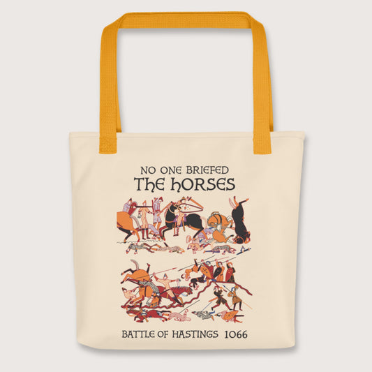Yellow Bayeux Tapestry No One Briefed the Horses Bag - history buff gift by HistoHead