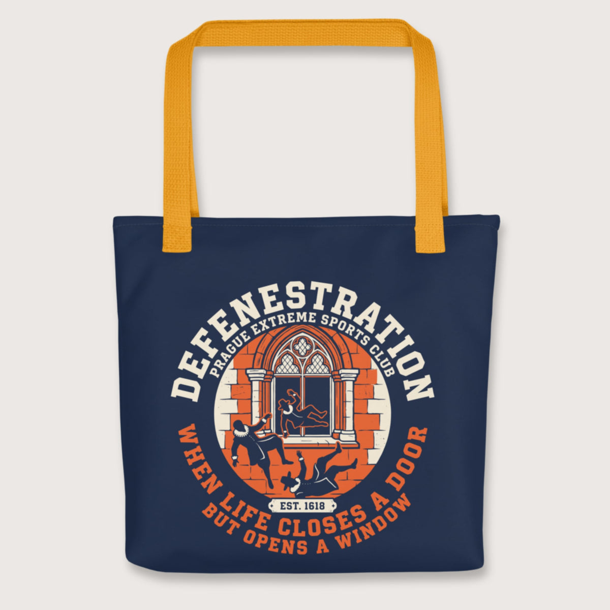 Yellow Defenestration Prague Extreme Sports Club Bag - history buff gift by HistoHead