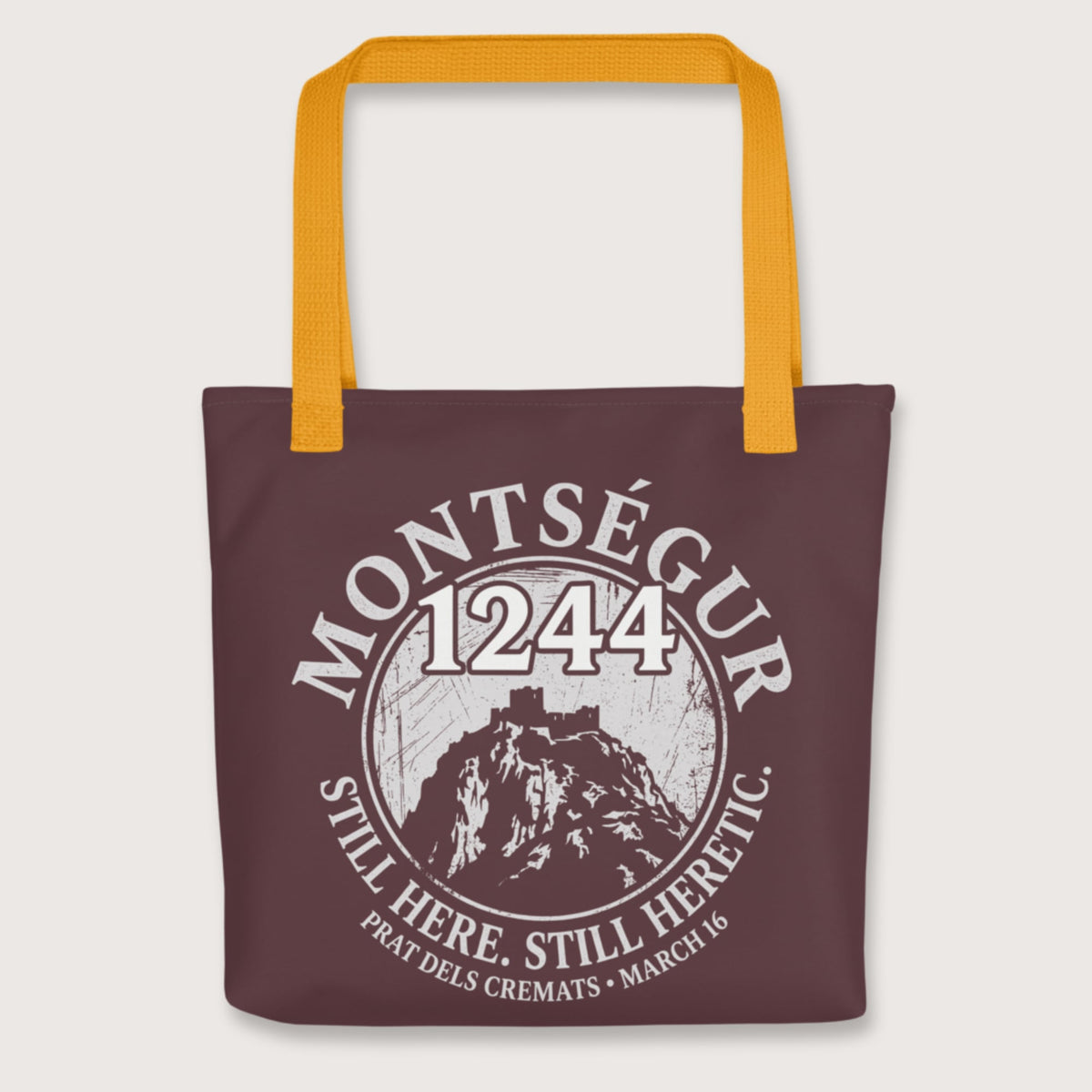 Yellow Montségur 1244 Still Here Still Heretic Bag - history buff gift by HistoHead