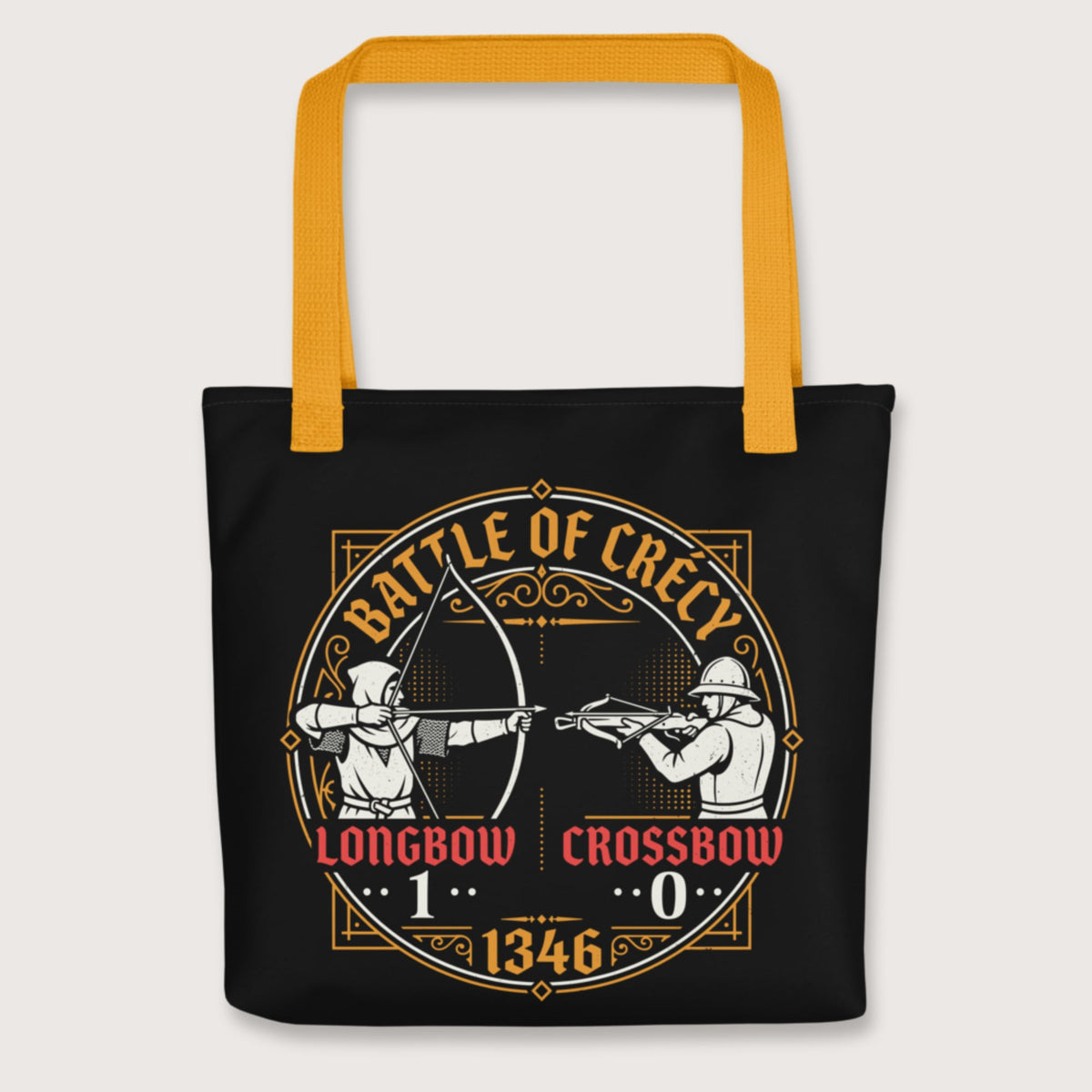 Yellow Battle of Crécy Longbow vs Crossbow Bag - history buff gift by HistoHead