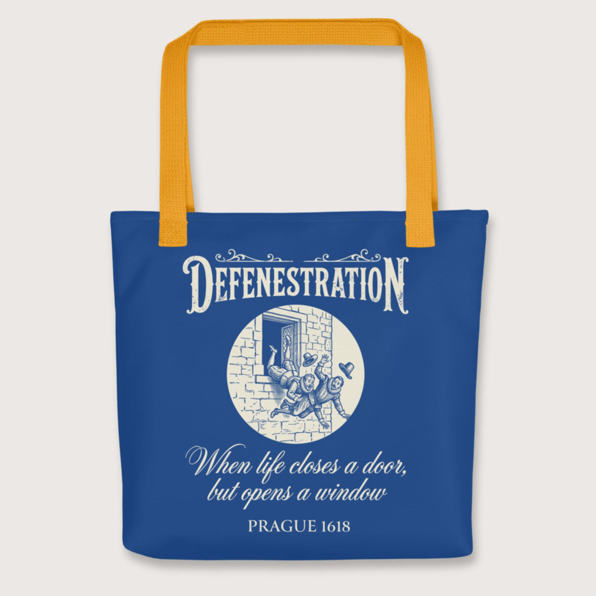 Yellow Defenestration When Life Closes A Door But Opens A Window Bag - history buff gift by HistoHead