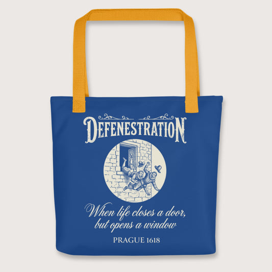 Yellow Defenestration When Life Closes A Door But Opens A Window Bag - history buff gift by HistoHead