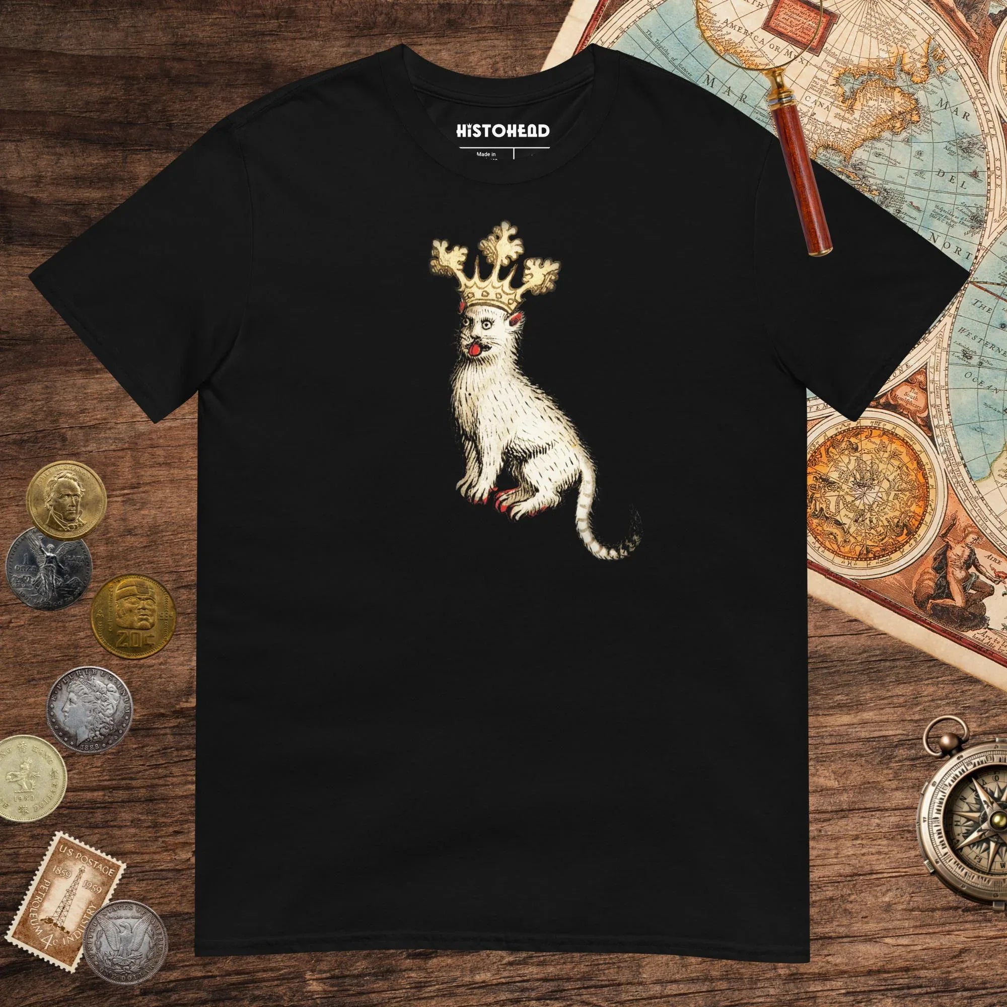 Black Medieval Cat King Tee - history buff gift by HistoHead