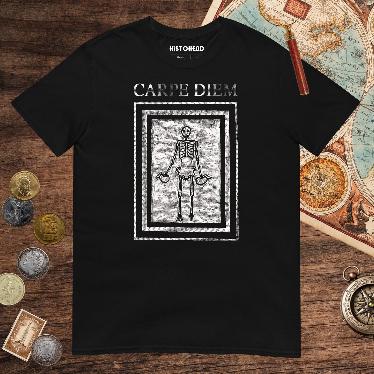 Black Carpe Diem Skeleton Tee - history buff gift by HistoHead