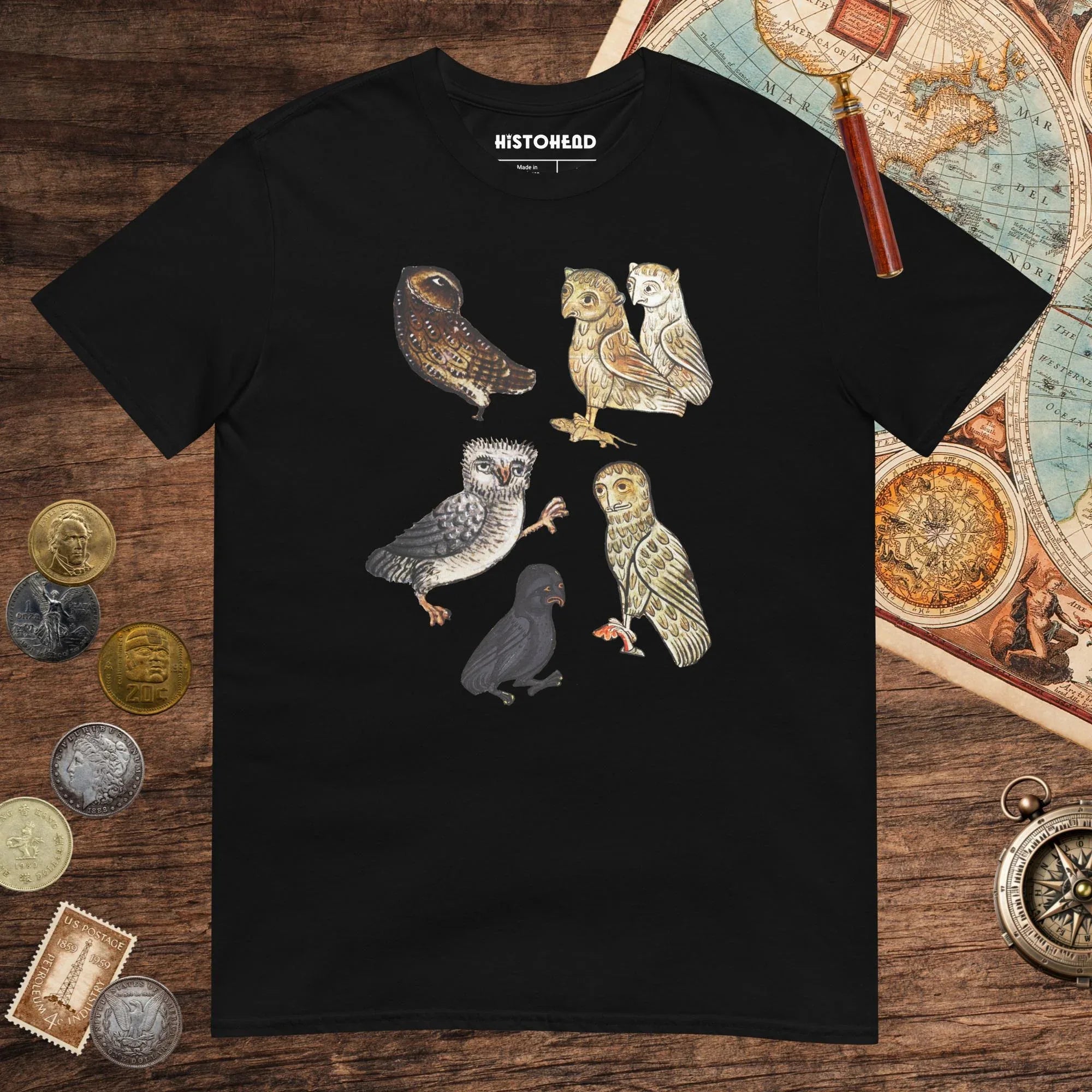Black Weird Medieval Owls Tee - history buff gift by HistoHead