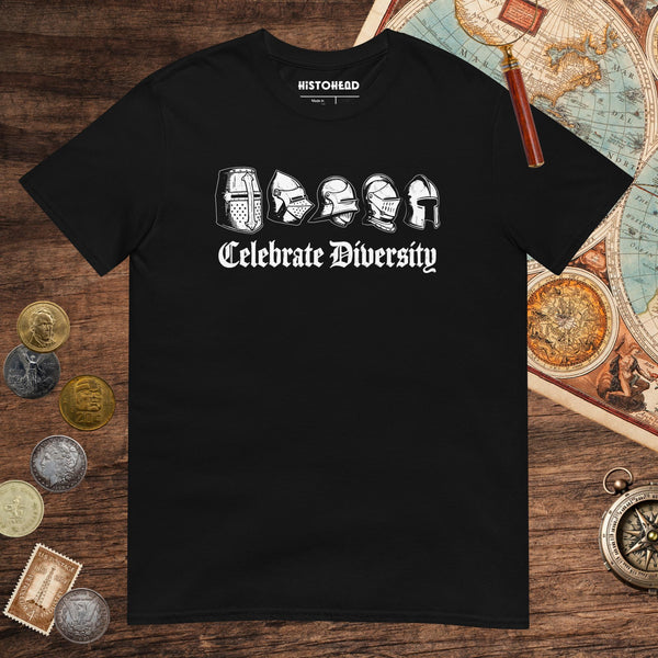 Black Celebrate Diversity Medieval Helmets Edition Tee - history buff gift by HistoHead