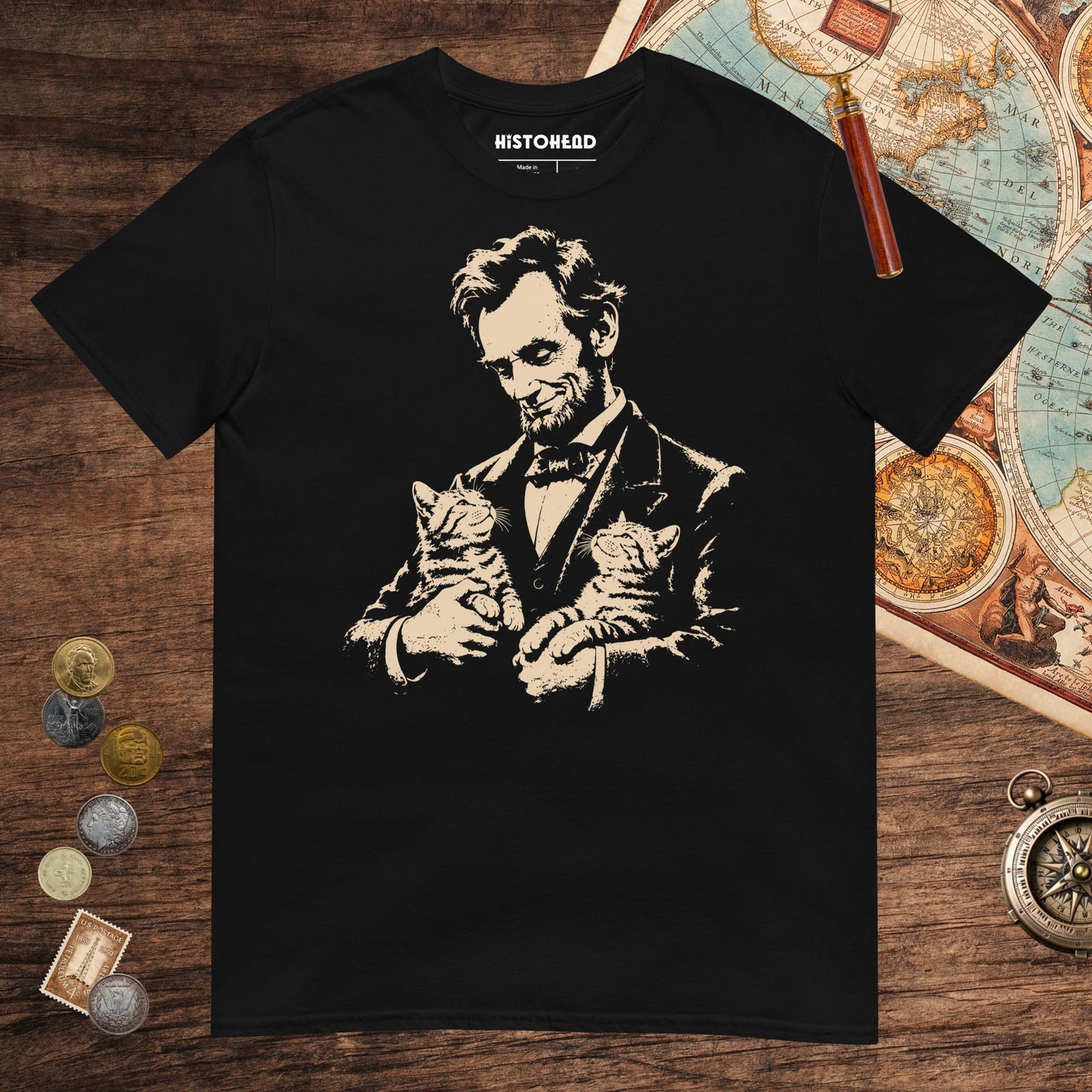 Black Lincoln's Cats Tee - history buff gift by HistoHead
