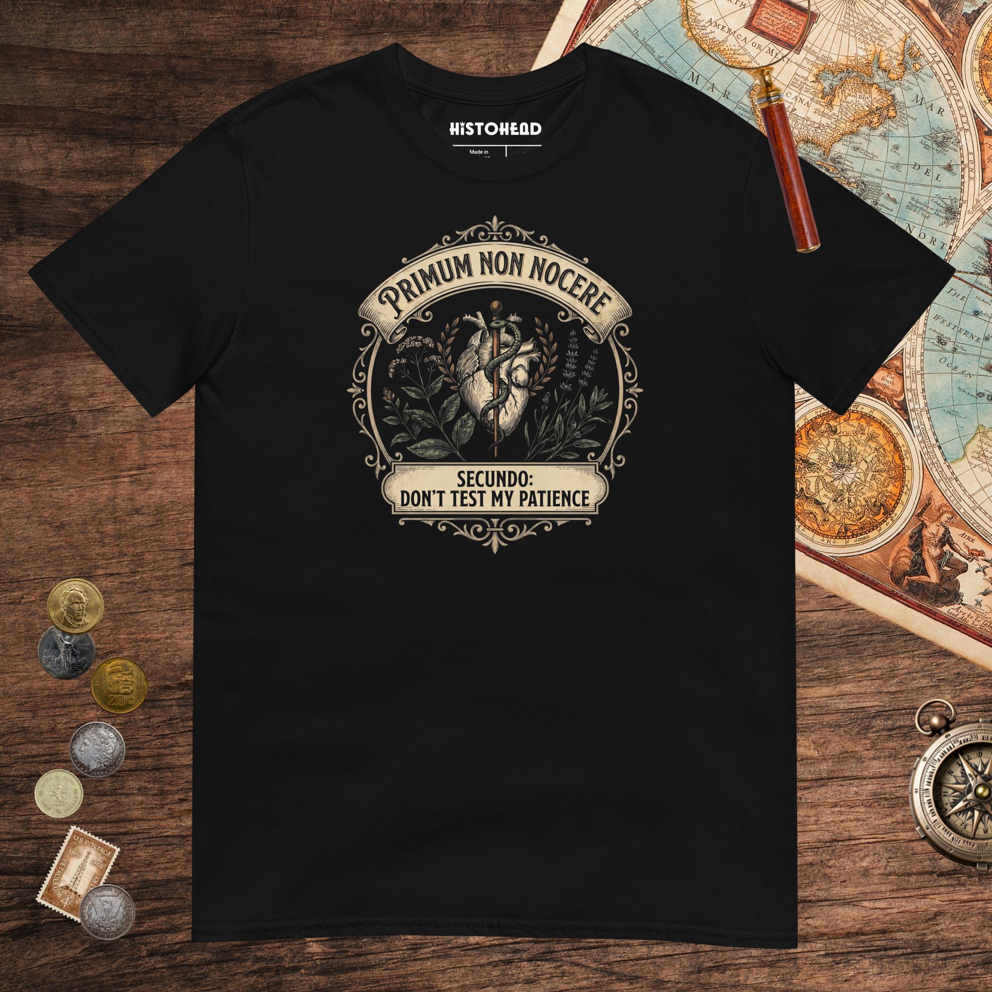 Black First Do No Harm Tee - history buff gift by HistoHead