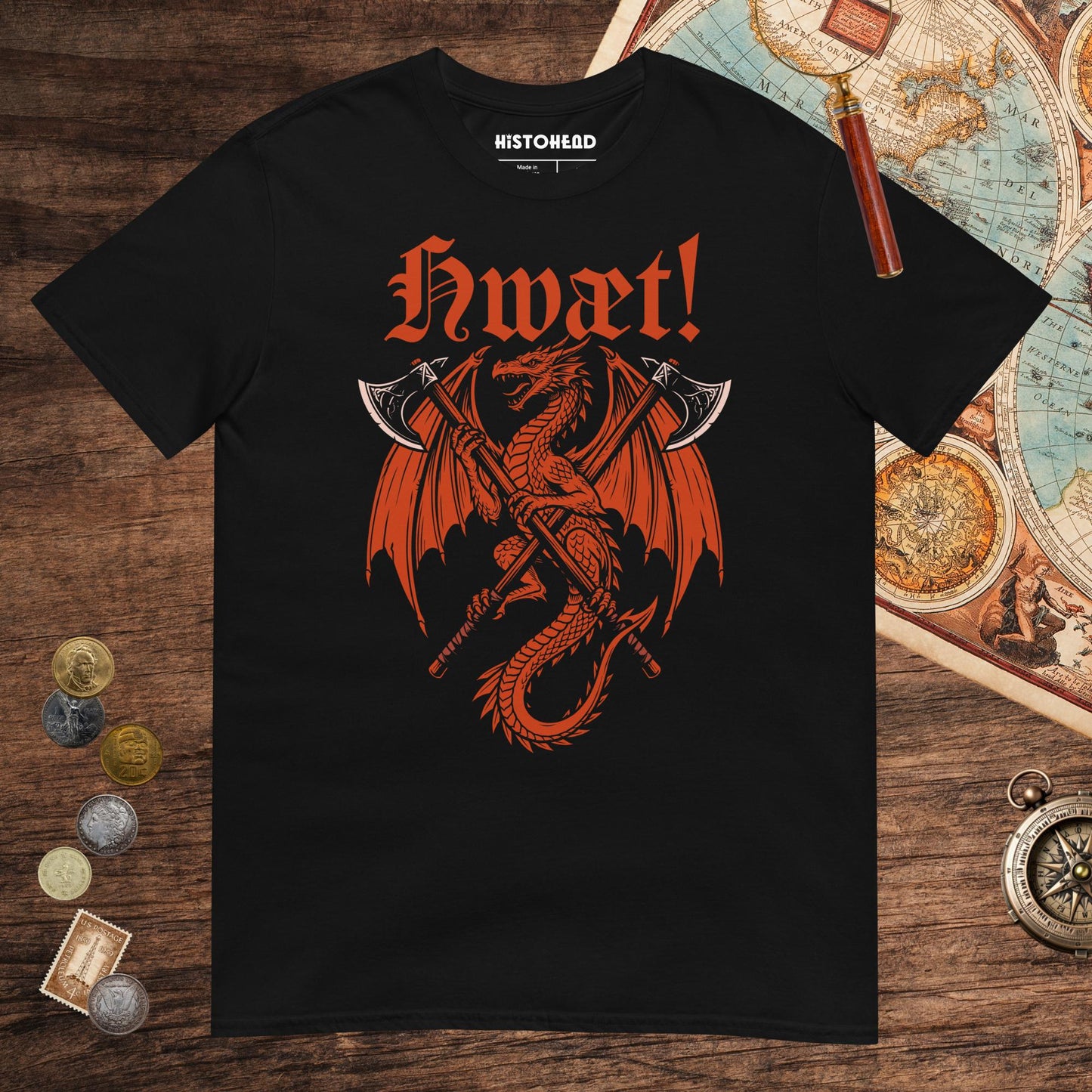 Black Hwæt Dragon Axe Tee - history buff gift by HistoHead