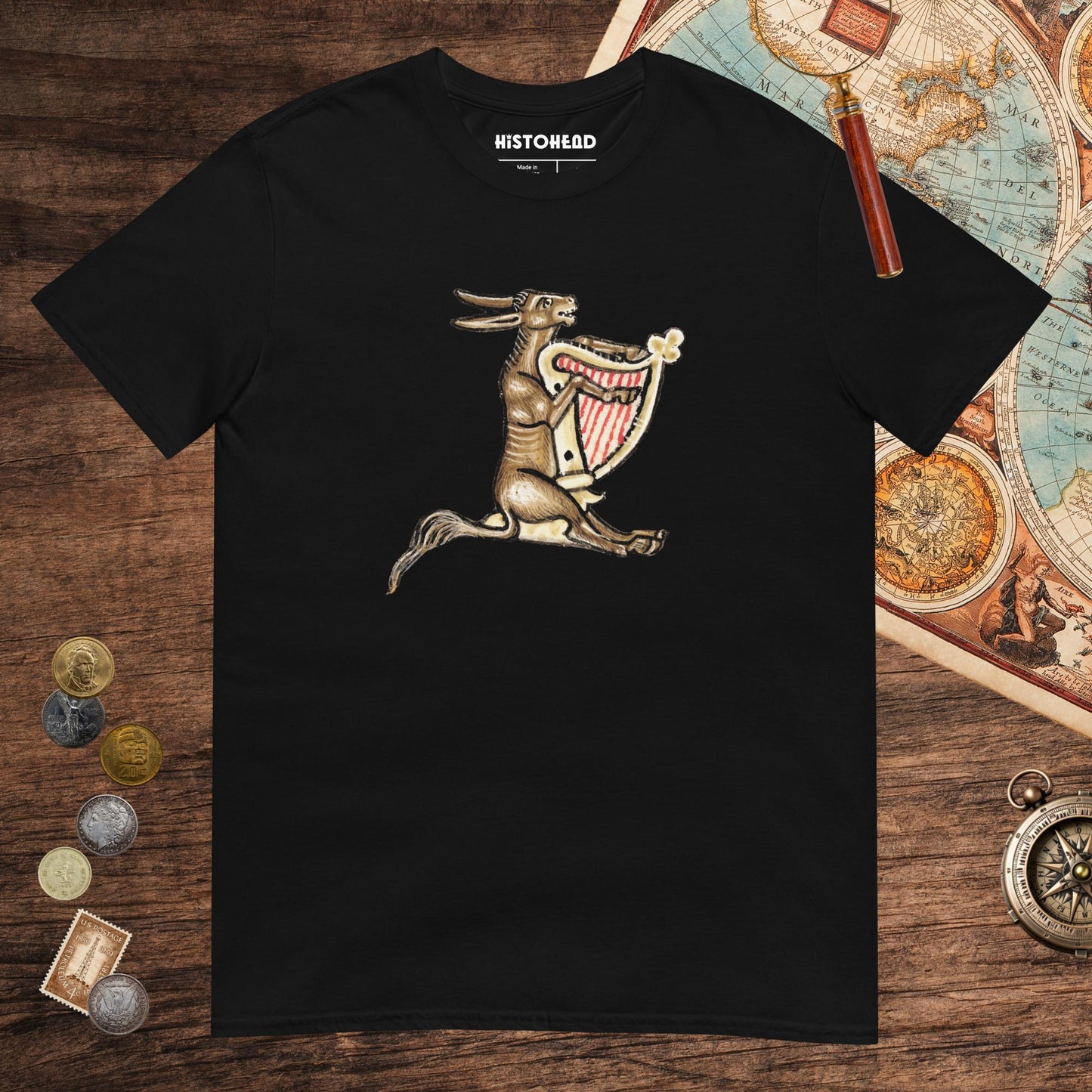 Black Weird Medieval Donkey Harpist Tee - history buff gift by HistoHead