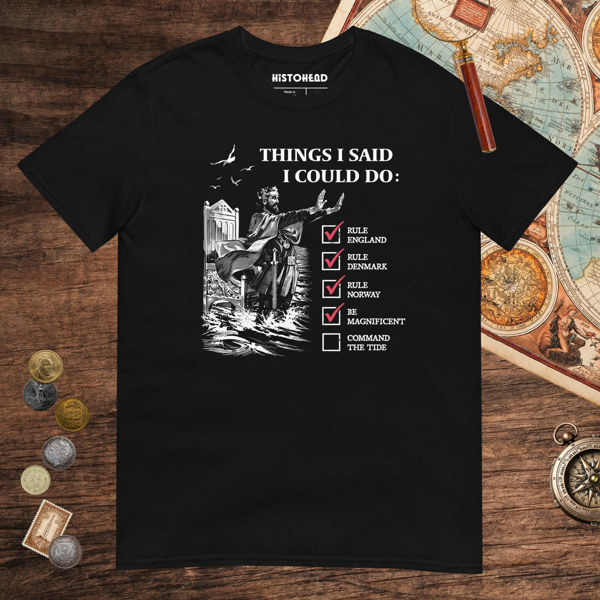 Black Cnut the Great Commanding the Tide Tee - history buff gift by HistoHead