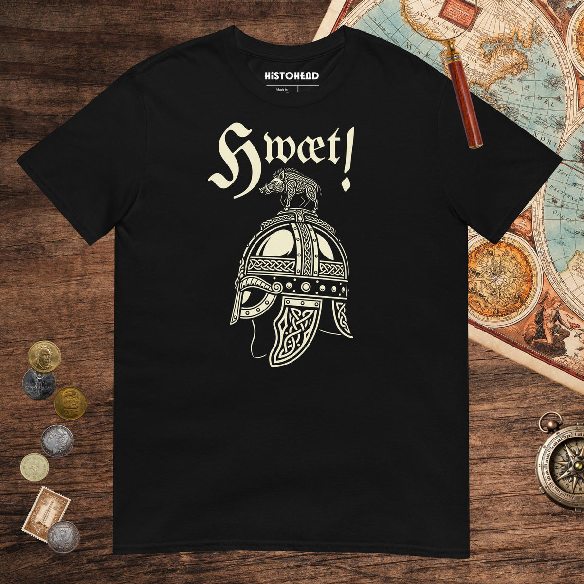 Black Hwæt Boar-Crested Helmet Tee - history buff gift by HistoHead