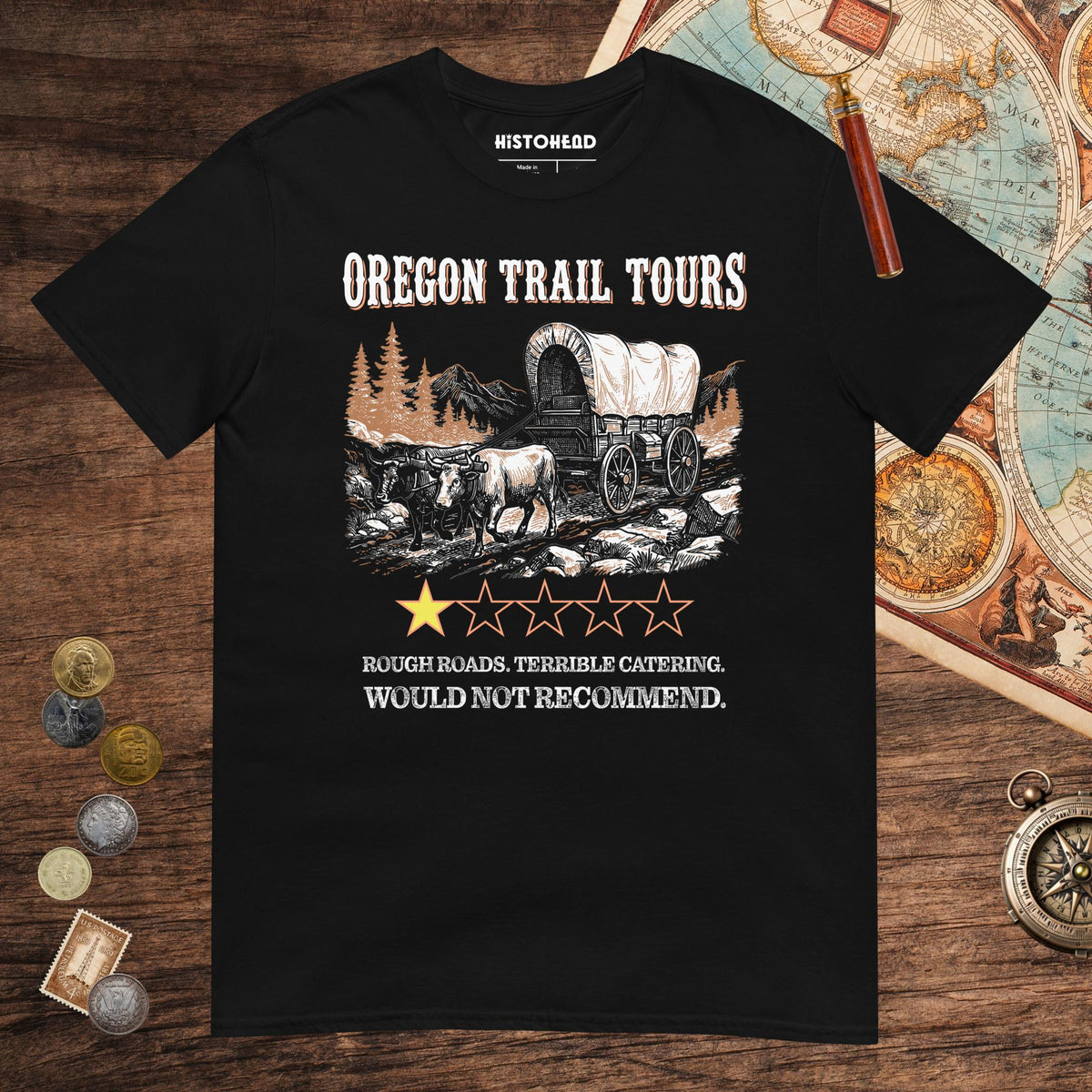Black Oregon Trail Tours Review Tee - history buff gift by HistoHead