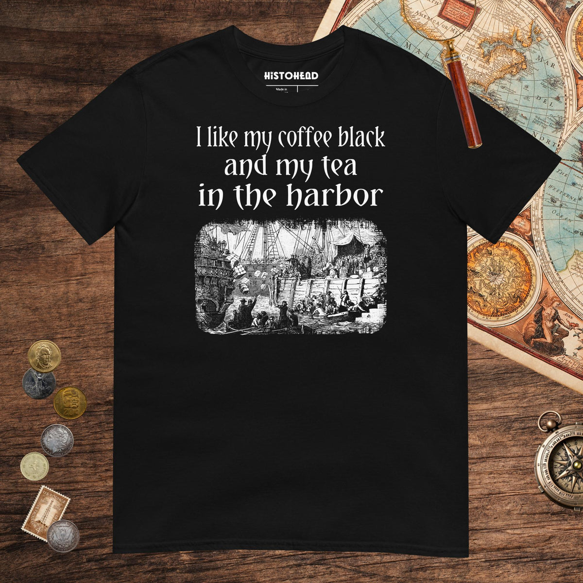 Black Coffee Black Tea in the Harbor Tee - history buff gift by HistoHead