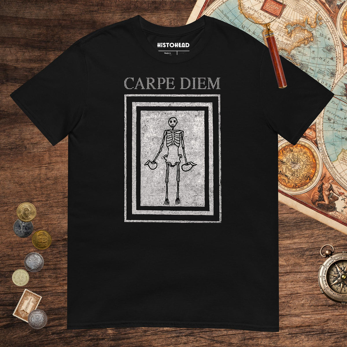 Black Carpe Diem Skeleton Tee - history buff gift by HistoHead