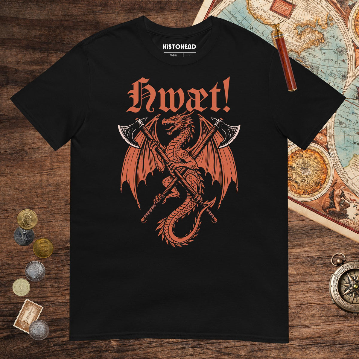 Black Hwæt Dragon Axe Tee - history buff gift by HistoHead