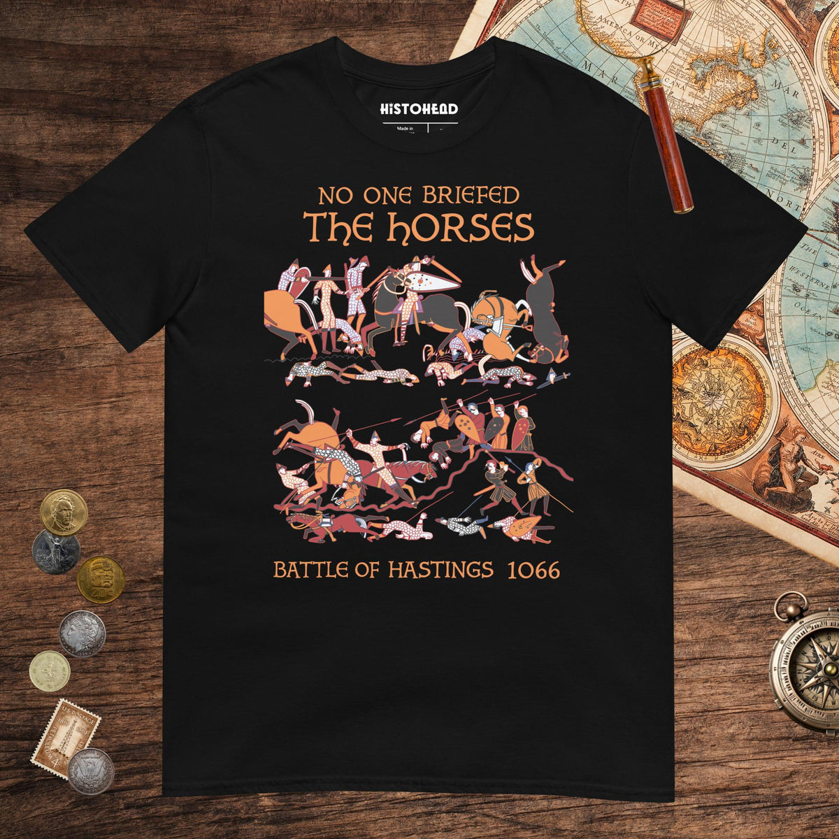 Black Bayeux Tapestry No One Briefed the Horses Tee - history buff gift by HistoHead
