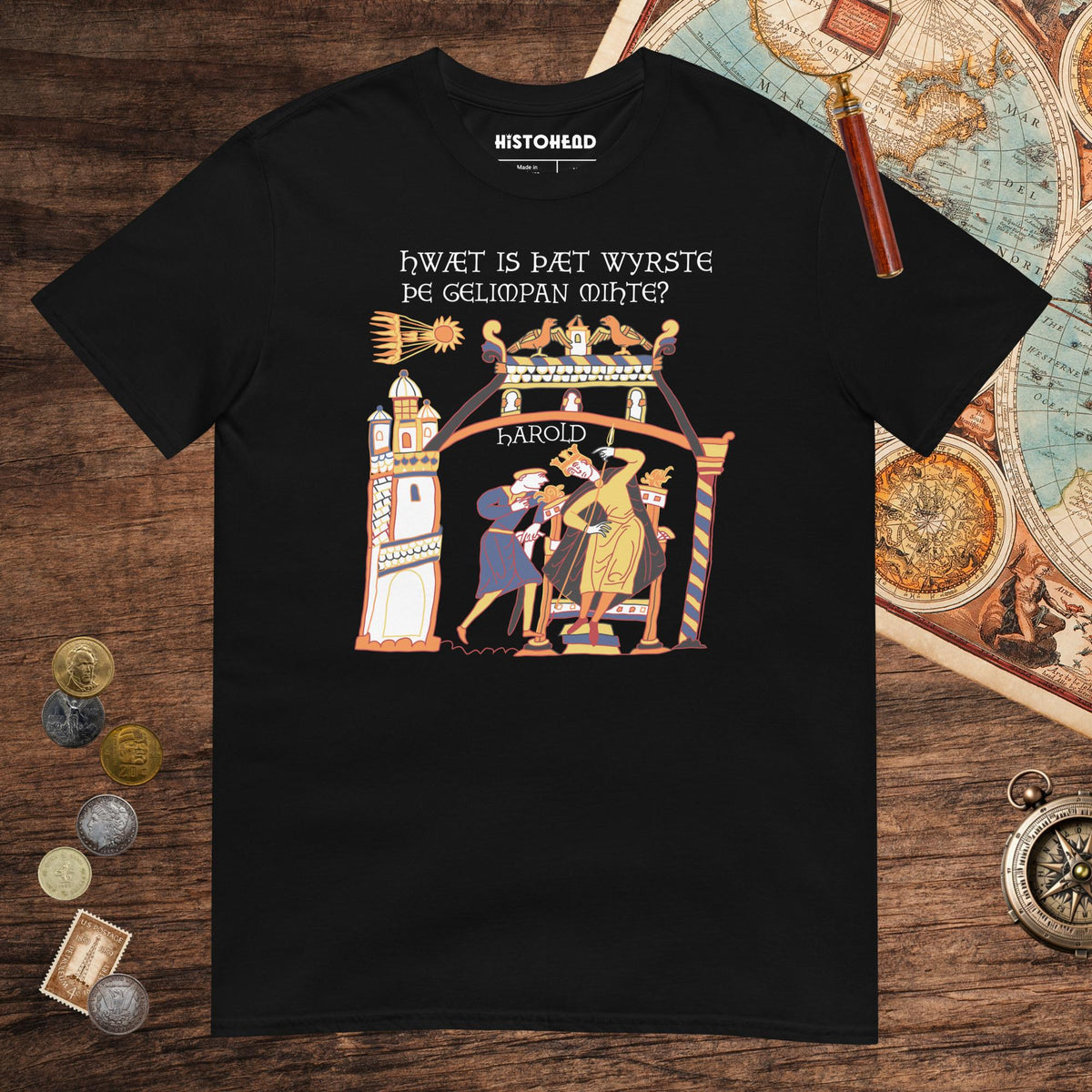 Black Bayeux Tapestry What's the Worst That Could Happen in Old English Tee - history buff gift by HistoHead