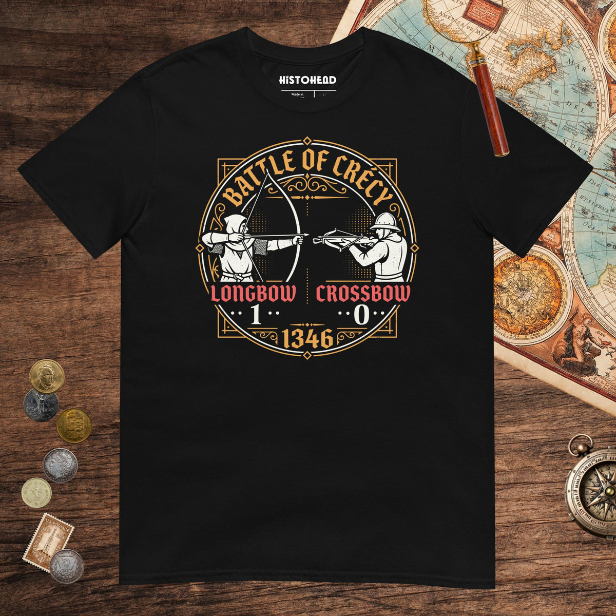 Black Battle of Crécy Longbow vs Crossbow Tee - history buff gift by HistoHead