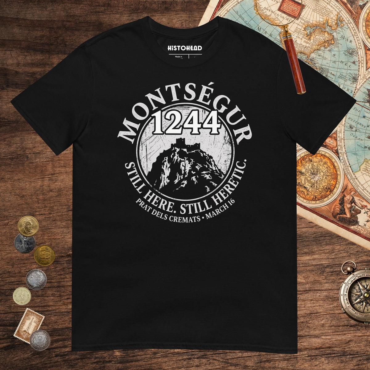 Black Montségur 1244 Still Here Still Heretic Tee - history buff gift by HistoHead
