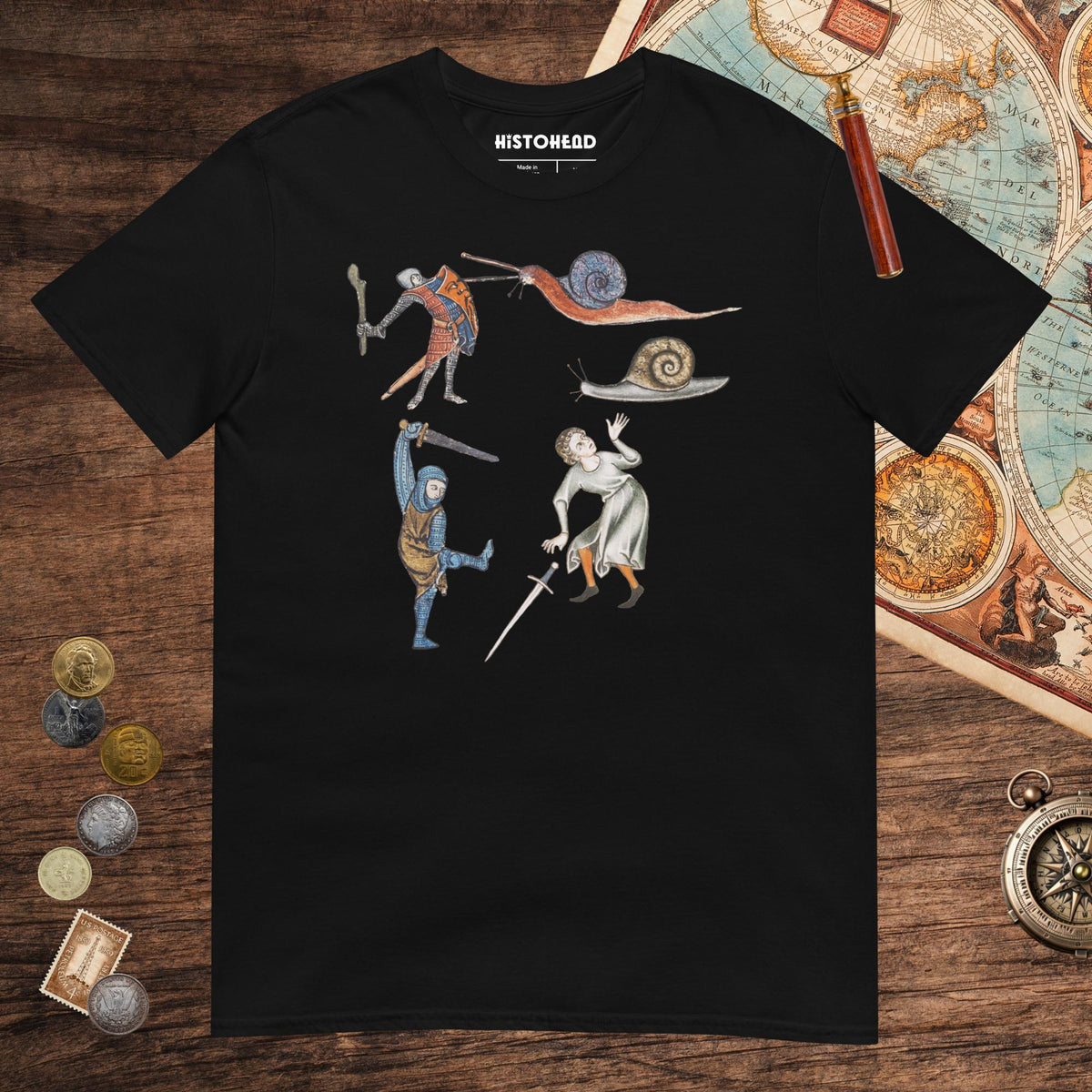 Black Medieval Marginalia Snail Enemy Tee - history buff gift by HistoHead