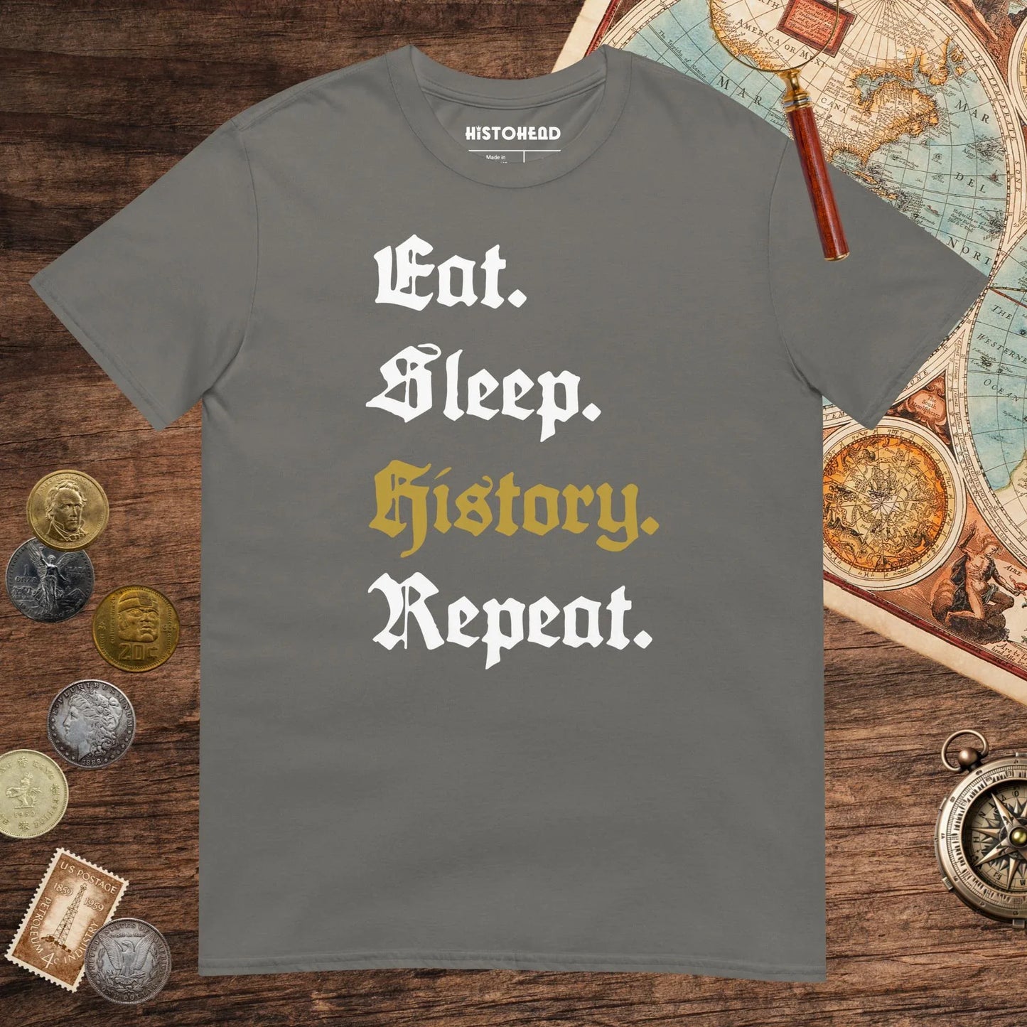 Charcoal Eat Sleep History Repeat Tee - history buff gift by HistoHead