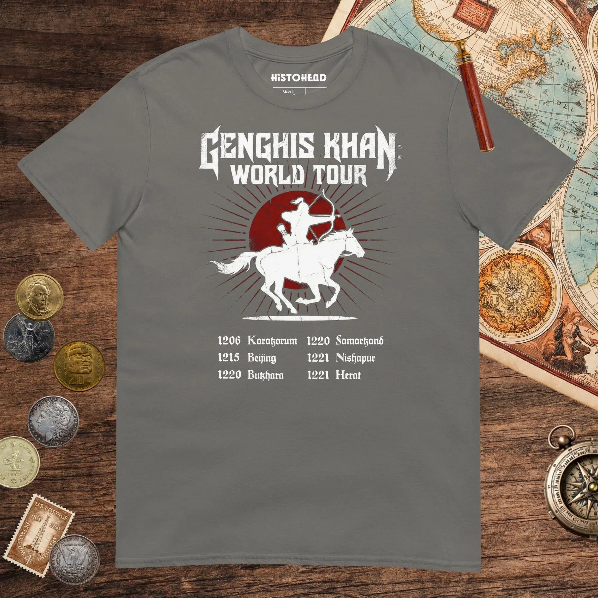 Charcoal Genghis Khan World Tour Tee - history buff gift by HistoHead