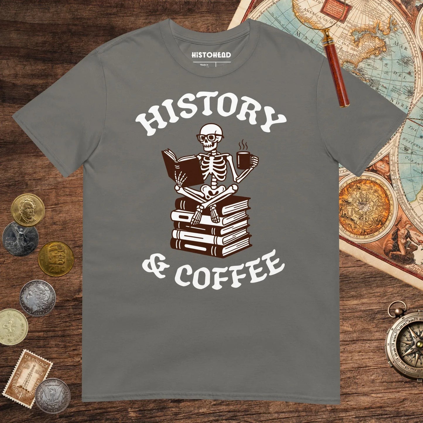 Charcoal History & Coffee Tee - history buff gift by HistoHead