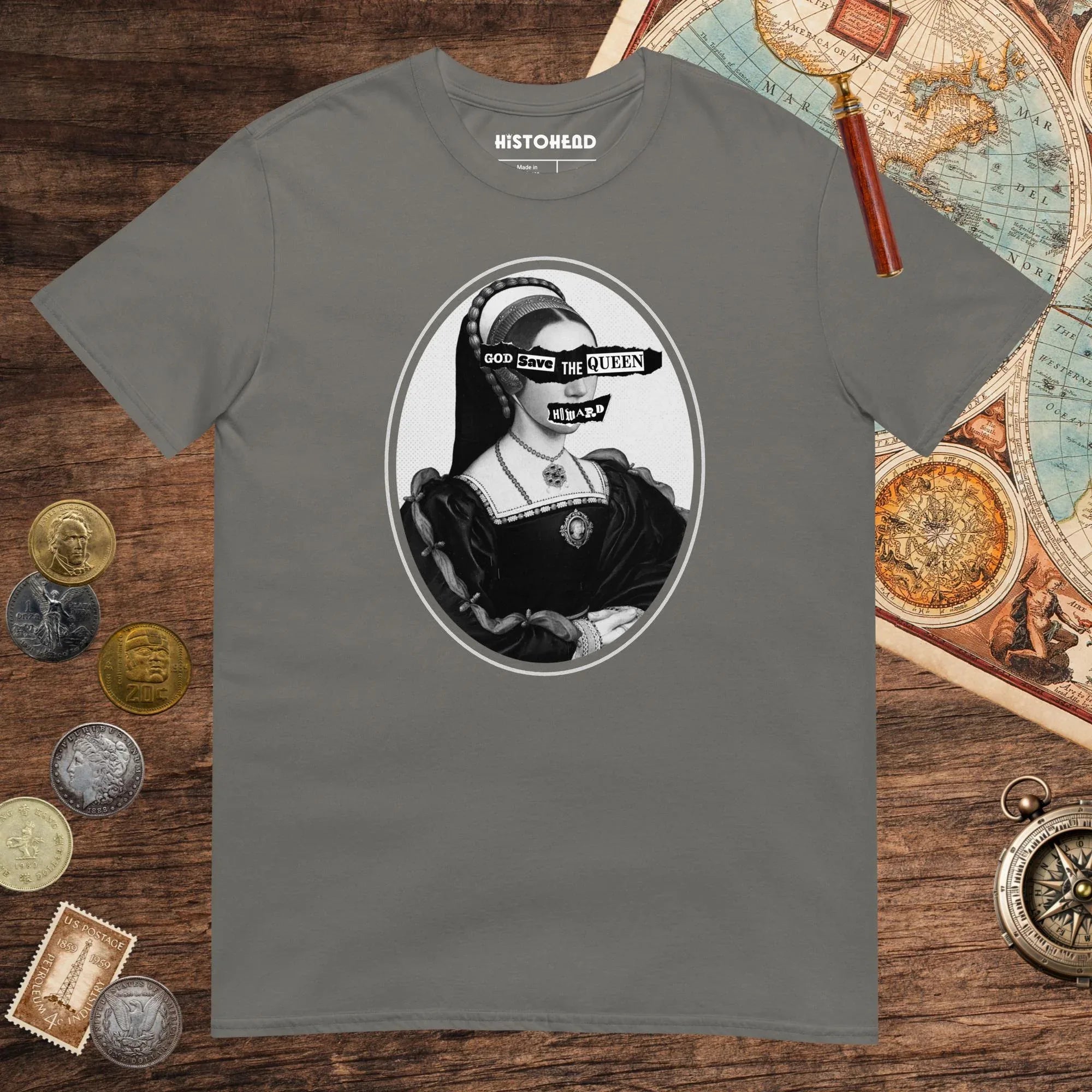 Charcoal God Save the Queen Catherine Howard Tee - history buff gift by HistoHead
