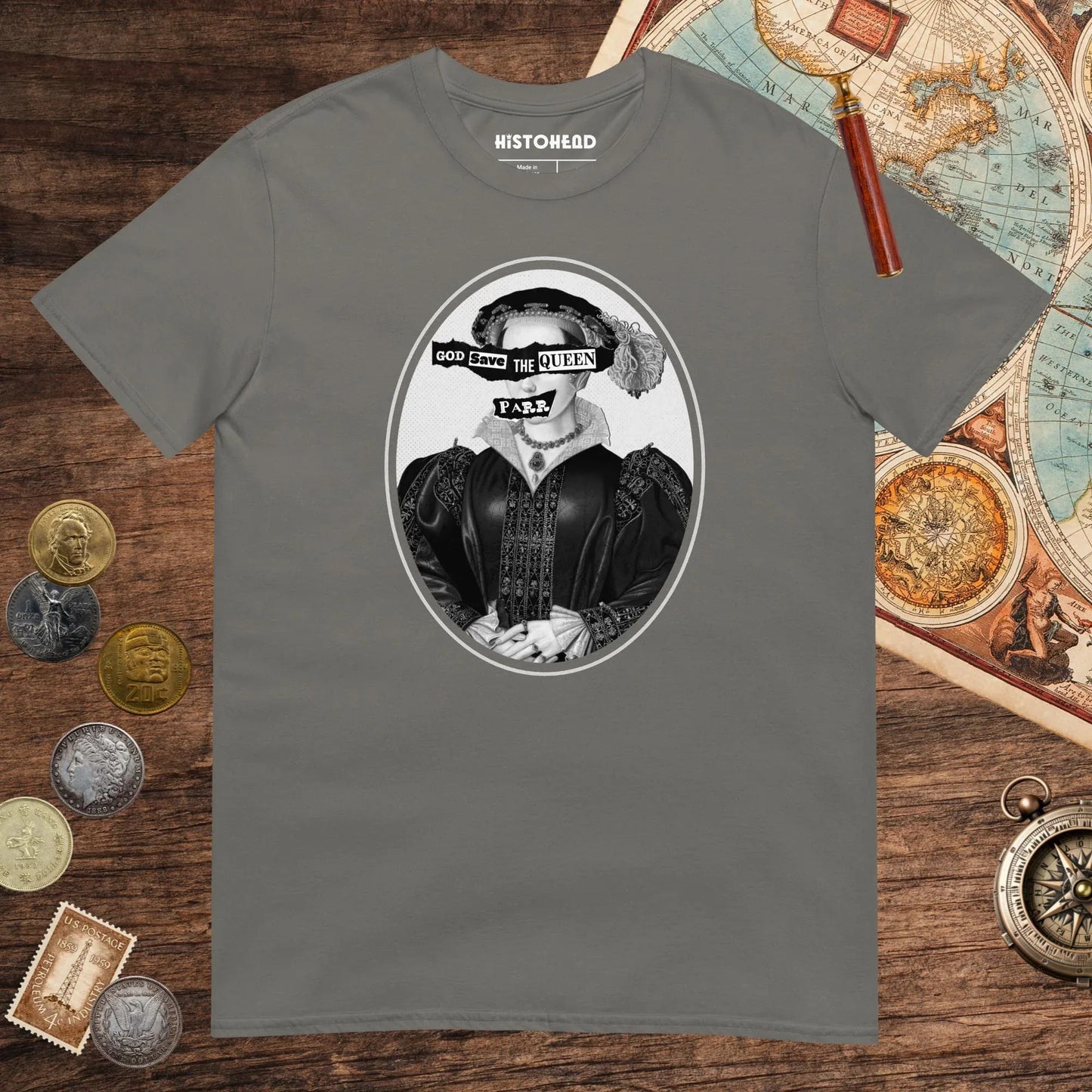 Charcoal God Save the Queen Catherine Parr Tee - history buff gift by HistoHead