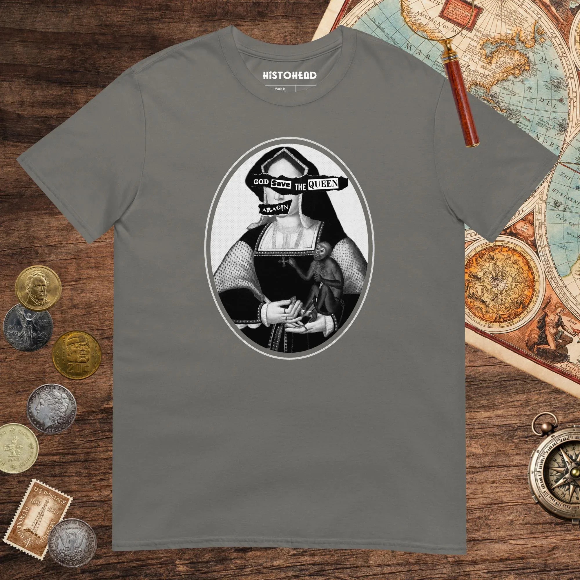 Charcoal God Save the Queen Katherine of Aragon Tee - history buff gift by HistoHead