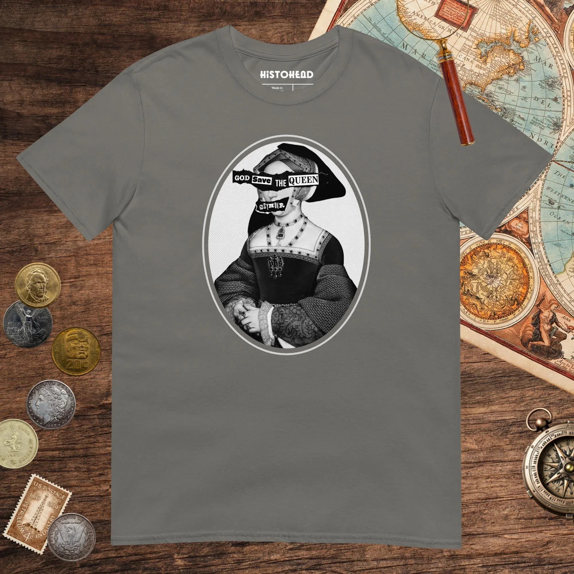 Charcoal God Save the Queen Jane Seymour Tee - history buff gift by HistoHead