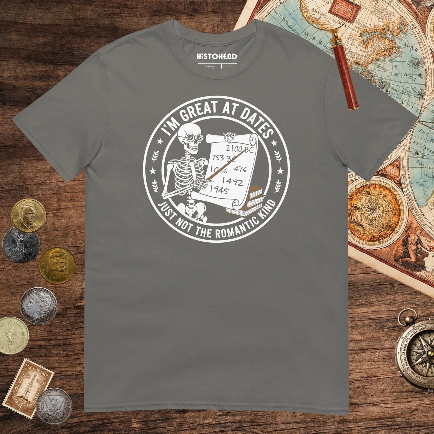 Charcoal Great At Dates Tee - history buff gift by HistoHead
