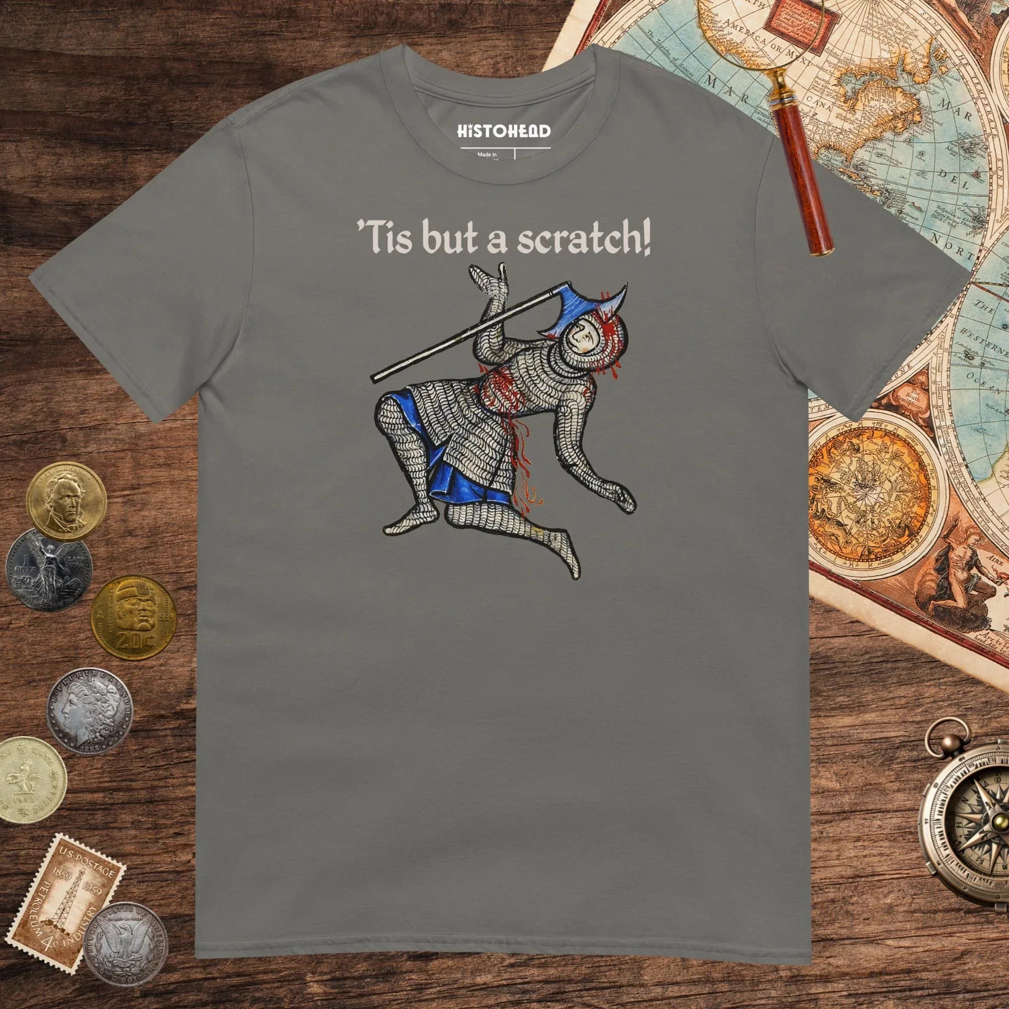 Charcoal Tis But A Scratch Tee - history buff gift by HistoHead