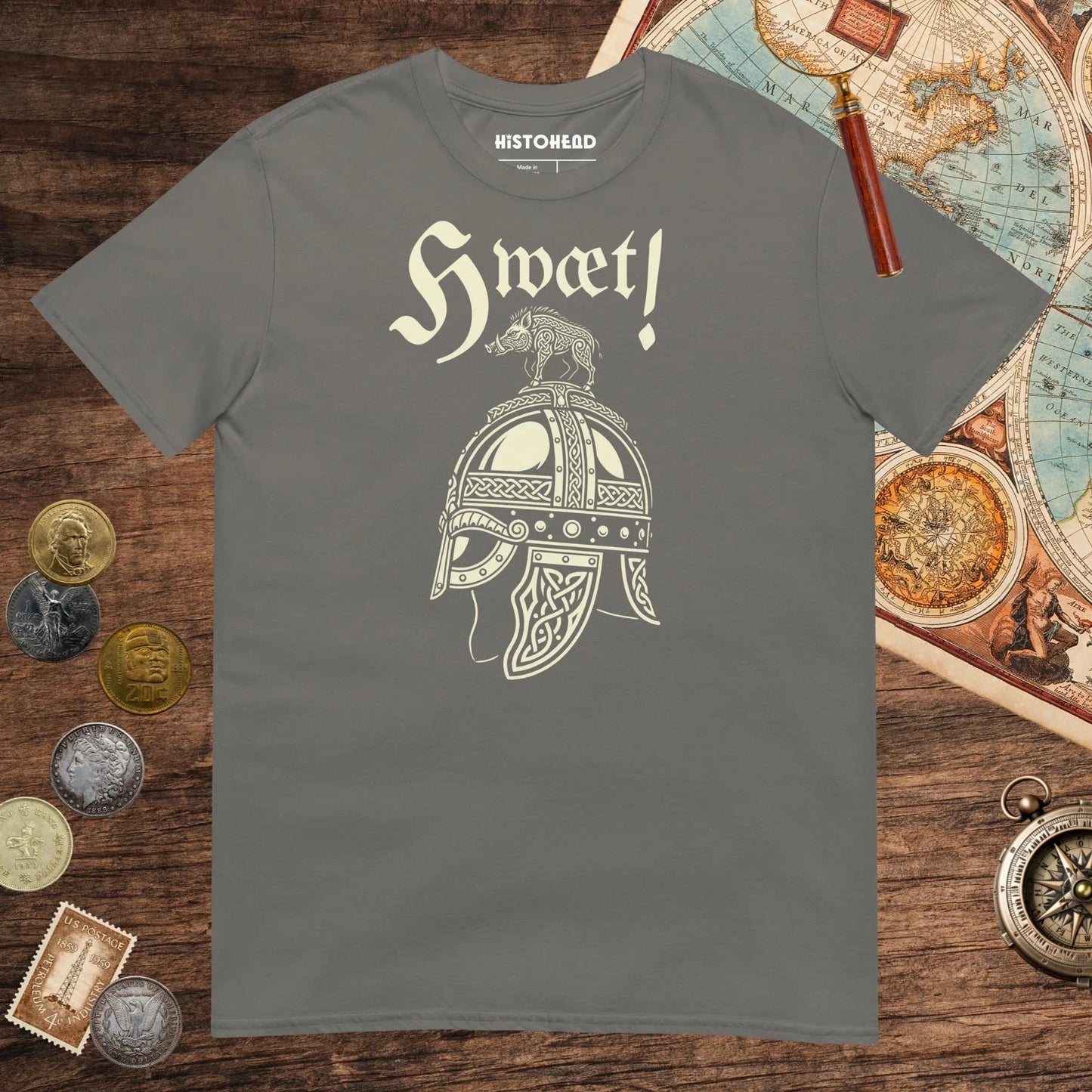 Charcoal Hwæt Boar-Crested Helmet Tee - history buff gift by HistoHead