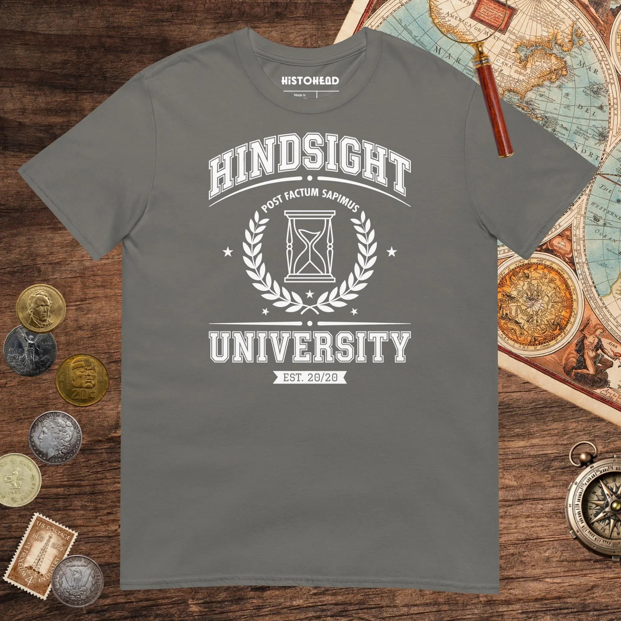 Charcoal Hindsight University Tee - history buff gift by HistoHead