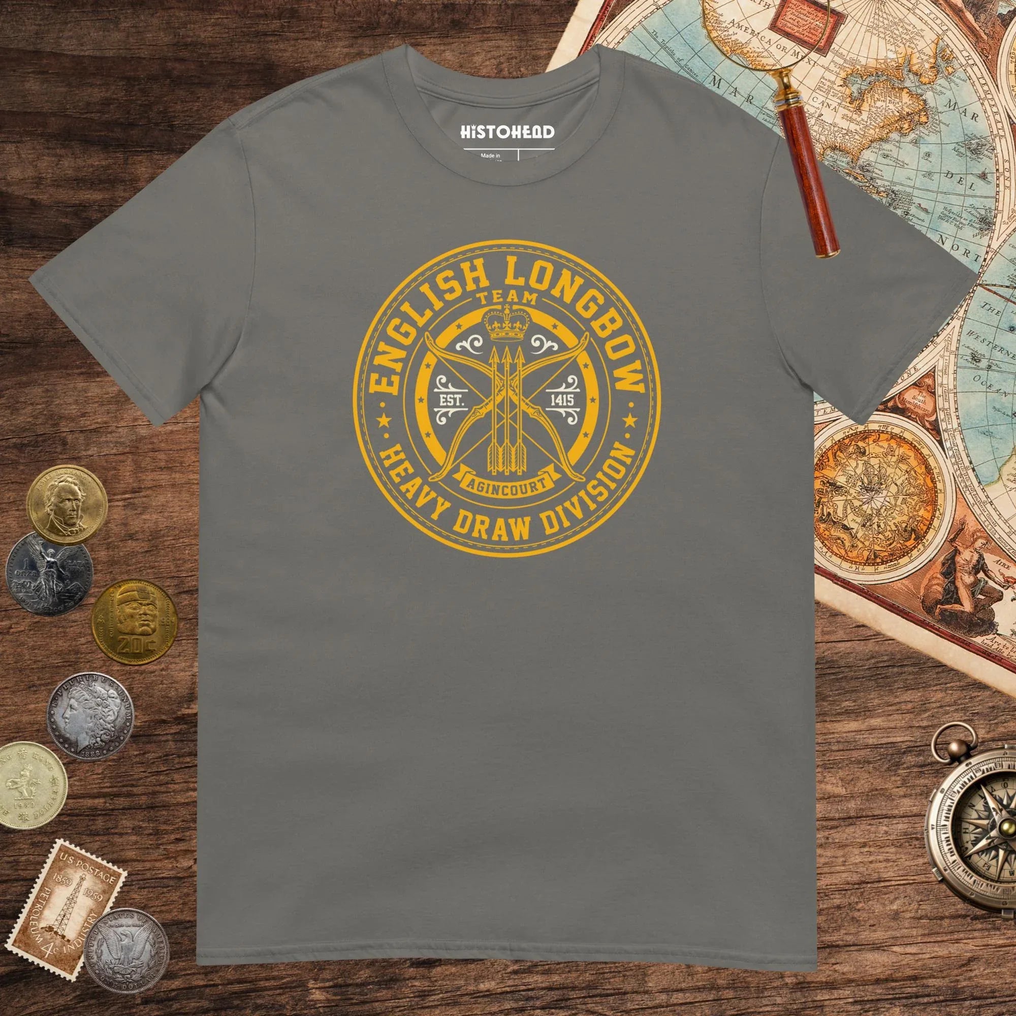 Charcoal English Longbow Heavy Draw Division Tee - history buff gift by HistoHead