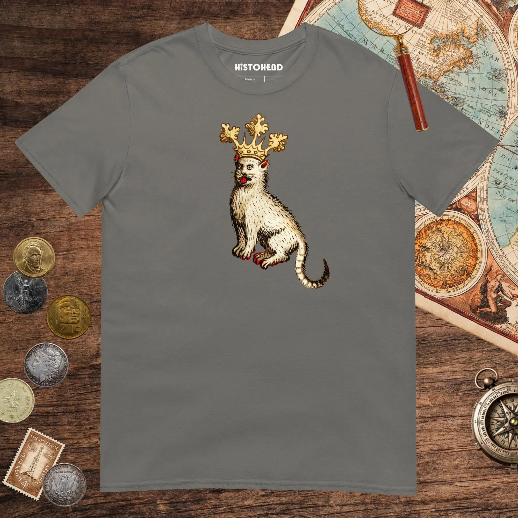 Charcoal Medieval Cat King Tee - history buff gift by HistoHead