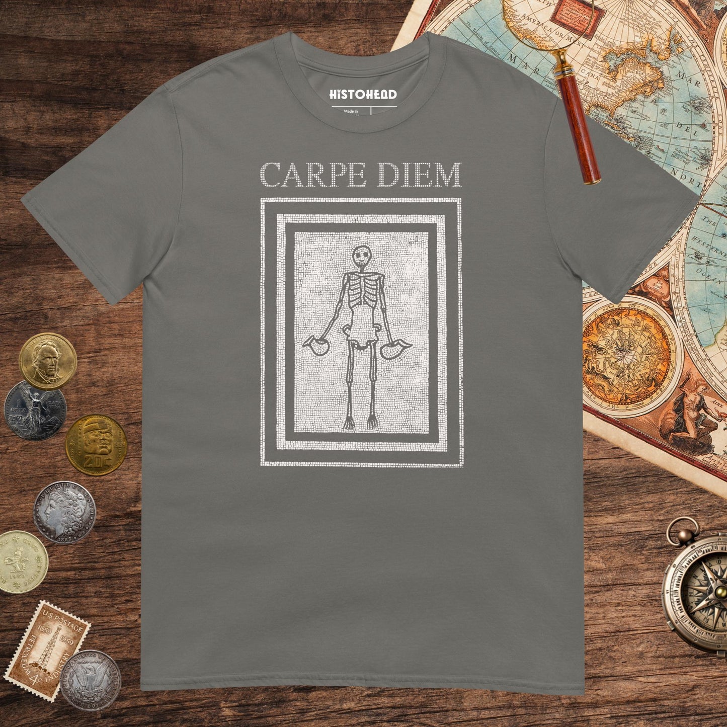 Charcoal Carpe Diem Skeleton Tee - history buff gift by HistoHead