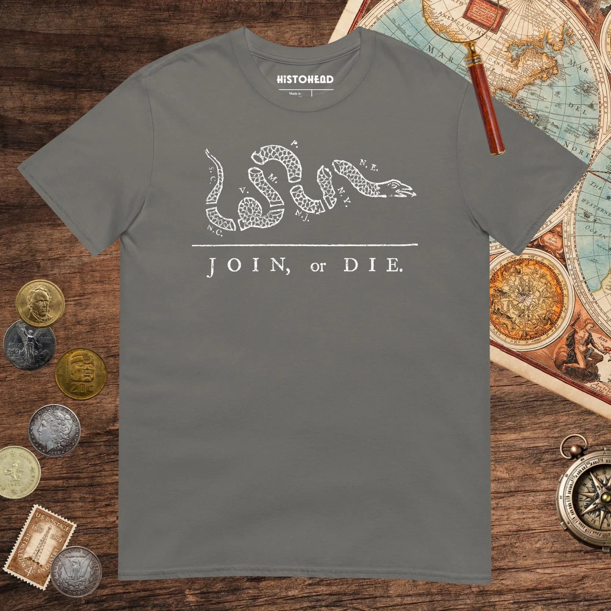 Charcoal Join Or Die Tee - history buff gift by HistoHead
