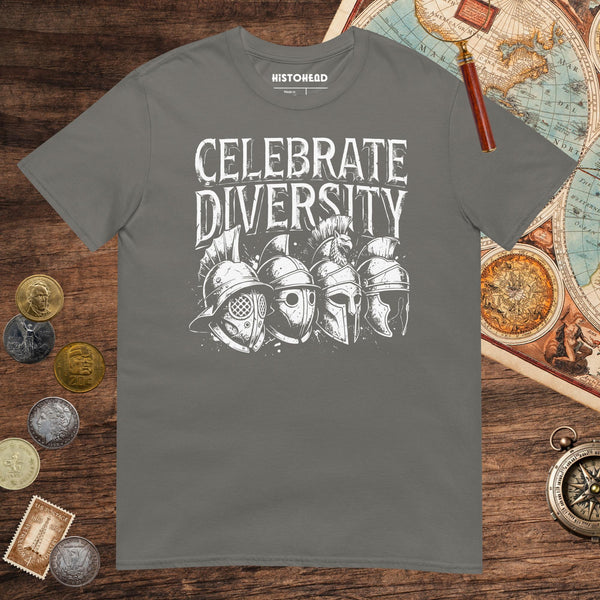 Charcoal Celebrate Diversity Gladiator Helmets Edition Tee - history buff gift by HistoHead