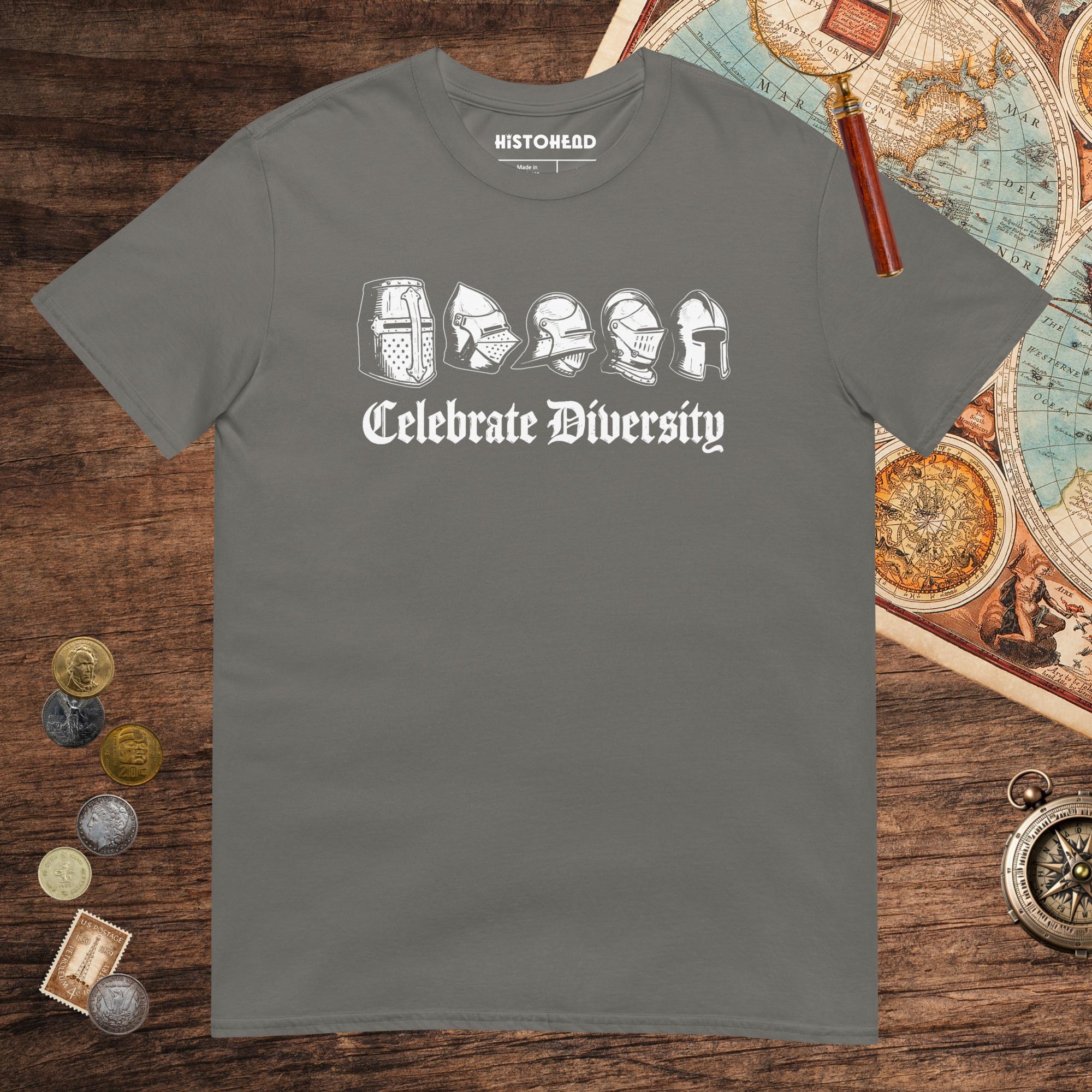 Charcoal Celebrate Diversity Medieval Helmets Edition Tee - history buff gift by HistoHead