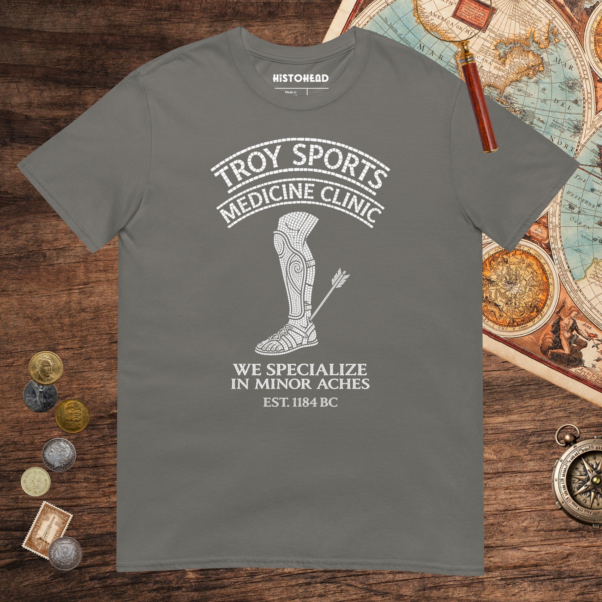 Charcoal Troy Sports Medicine Clinic Tee - history buff gift by HistoHead
