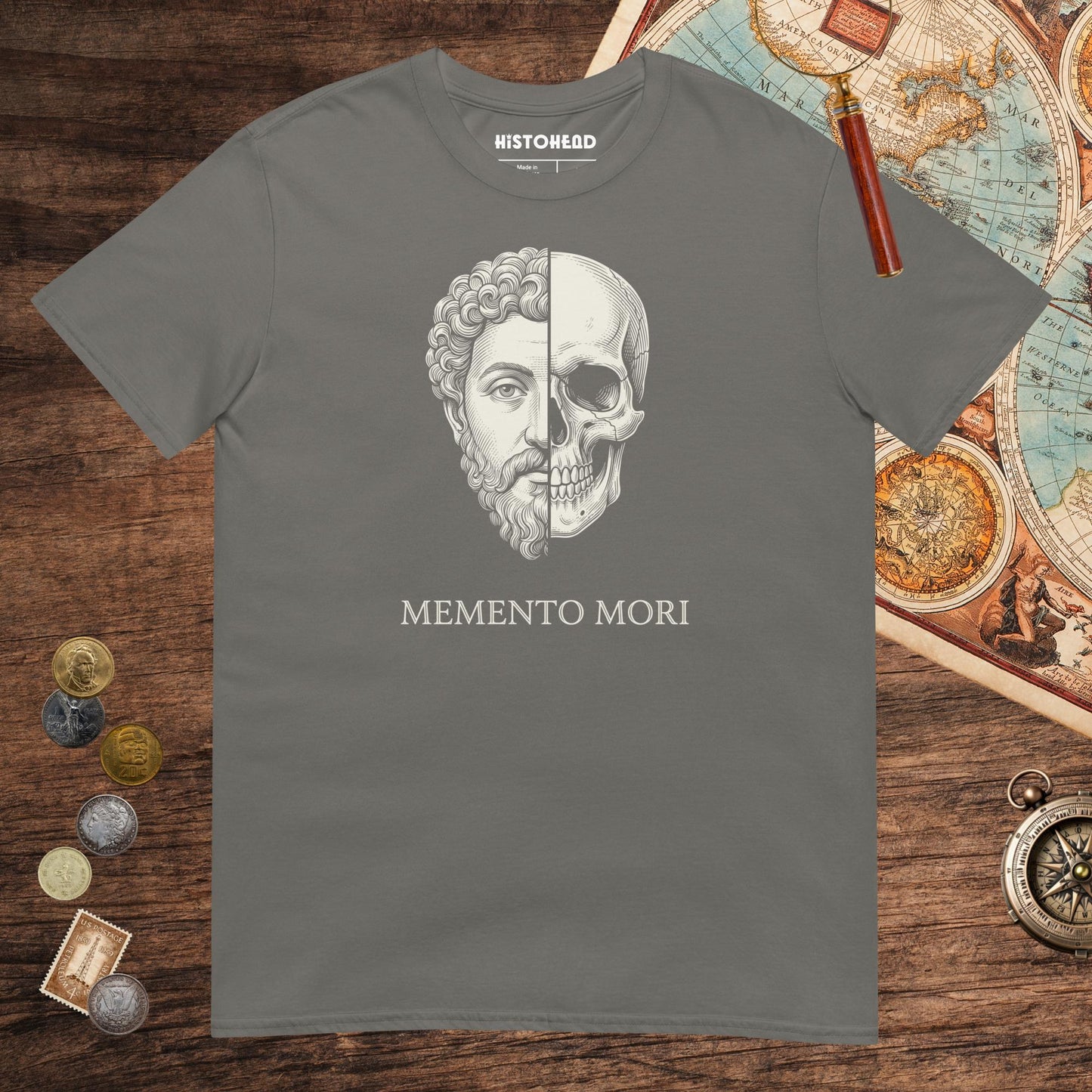 Charcoal Marcus Aurelius Skull Tee - history buff gift by HistoHead