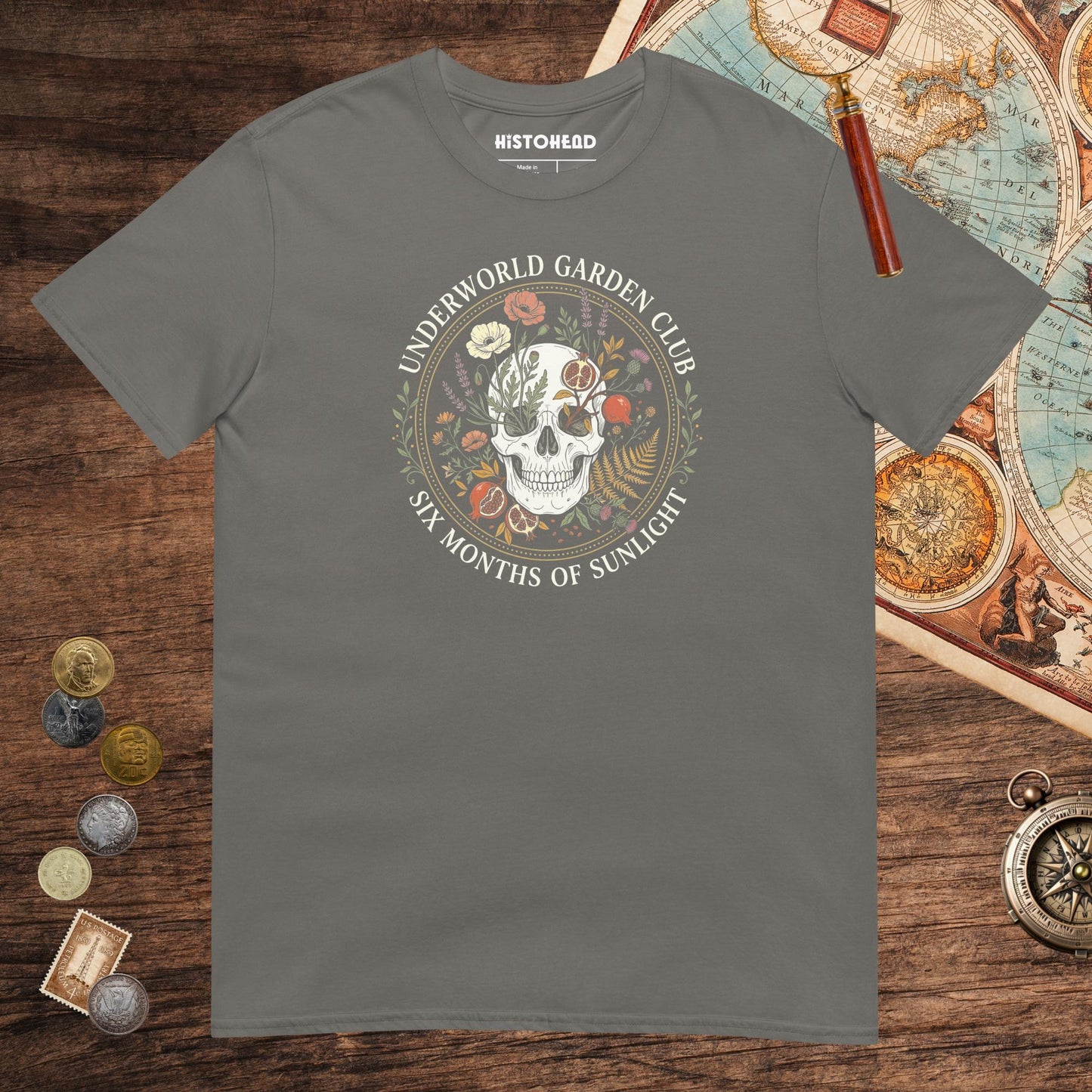 Charcoal Persephone Underworld Garden Club Tee - history buff gift by HistoHead