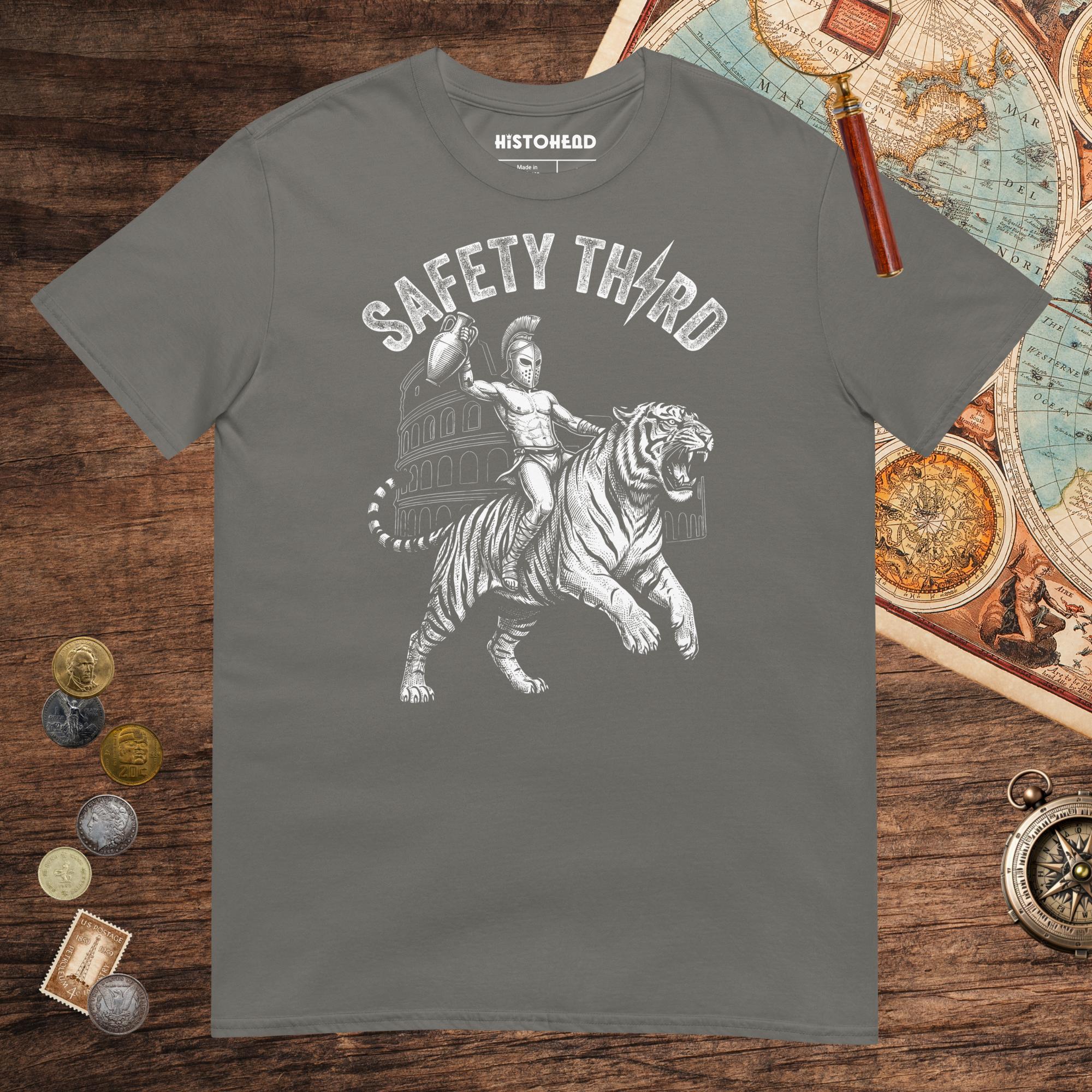 Charcoal Gladiator Safety Third Tee - history buff gift by HistoHead