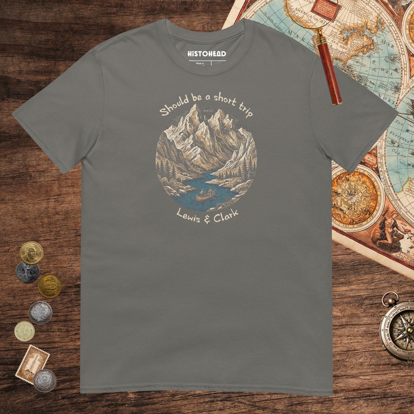 Charcoal Lewis & Clark Short Trip Tee - history buff gift by HistoHead