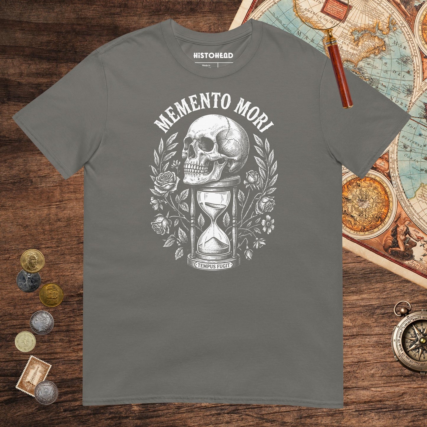 Charcoal Memento Mori Tempus Fugit Tee - history buff gift by HistoHead