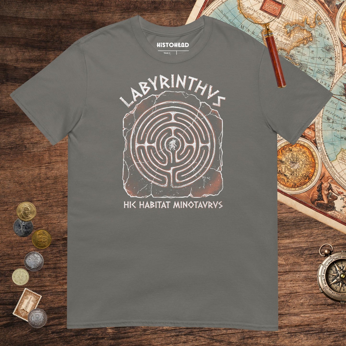 Charcoal Labyrinthus Here Lives Minotaur Tee - history buff gift by HistoHead