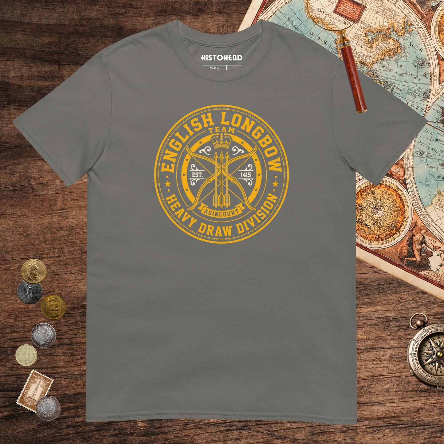 Charcoal English Longbow Heavy Draw Division Tee - history buff gift by HistoHead